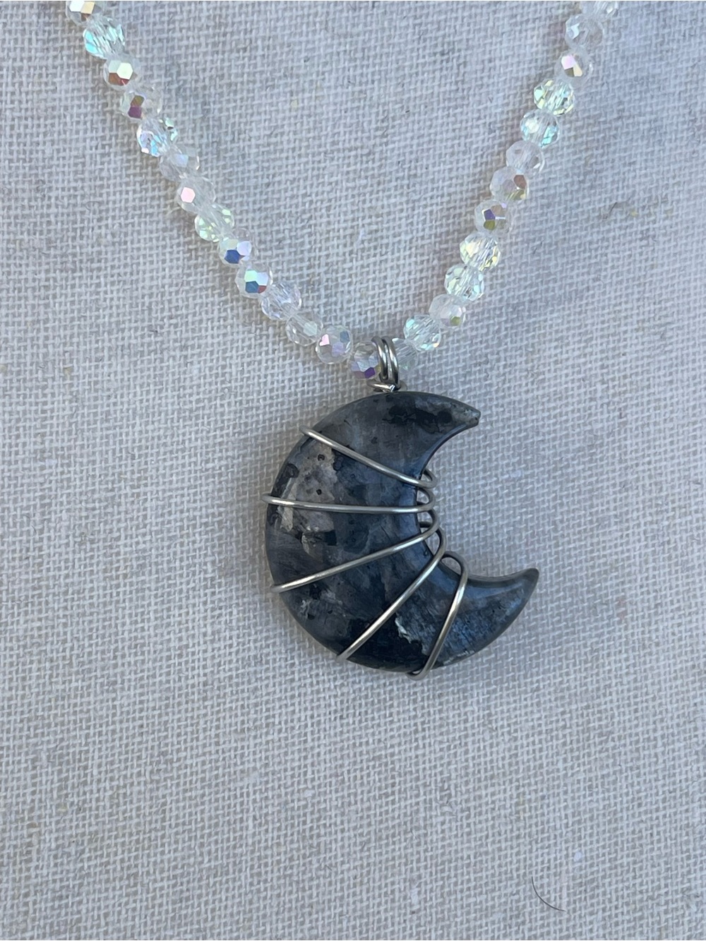 Larvikite Moon Necklace Stainless Steel Wire Wrap on White AB Glass Beaded Chain - Picture 4 of 5